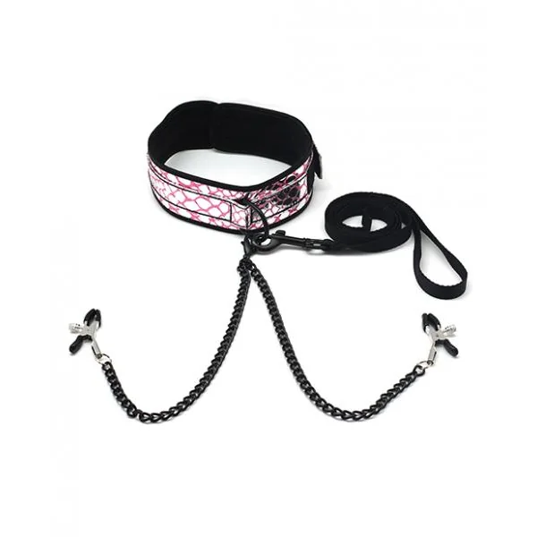 Spartacus Faux Leather Collar, Leash Black Nipple Clamps Pink