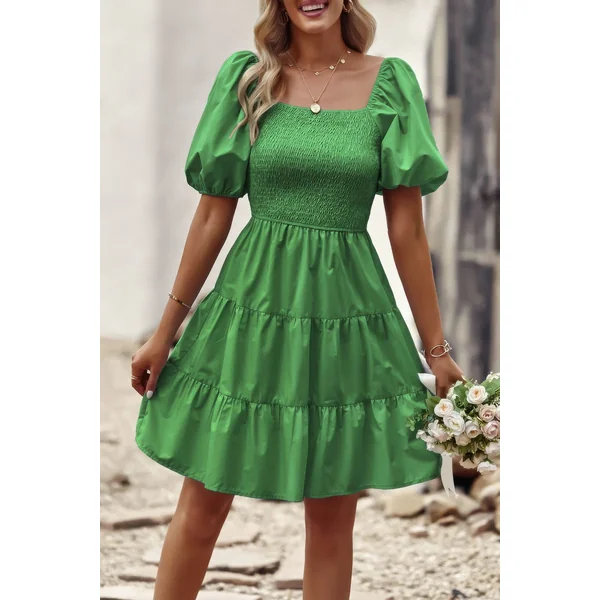 Square Neck Ruched Balloon Sleeve Smocked Midi Dress