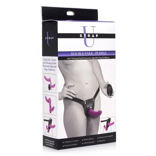Strap U Double Take Double Penetration Vibrating Strap On Harness - Purple