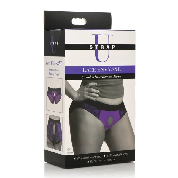 Strap U Lace Envy Crotchless Panty Harness - 2XL Purple