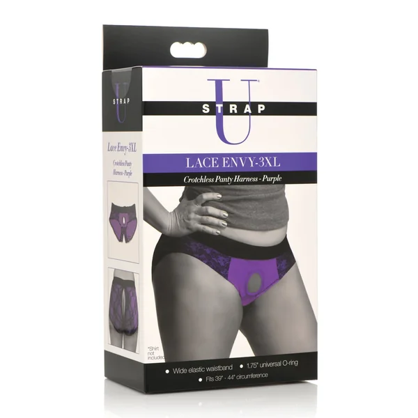Strap U Lace Envy Crotchless Panty Harness - 3XL Purple