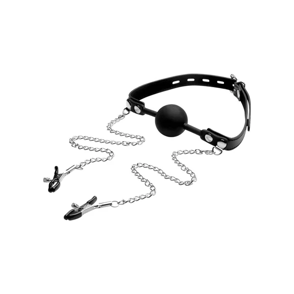 Strict Ball Gag with Nipple Clamps Silicone Black And Silver