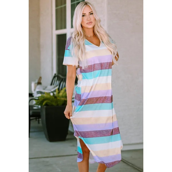 Striped V-Neck Curved Hem Midi Dress