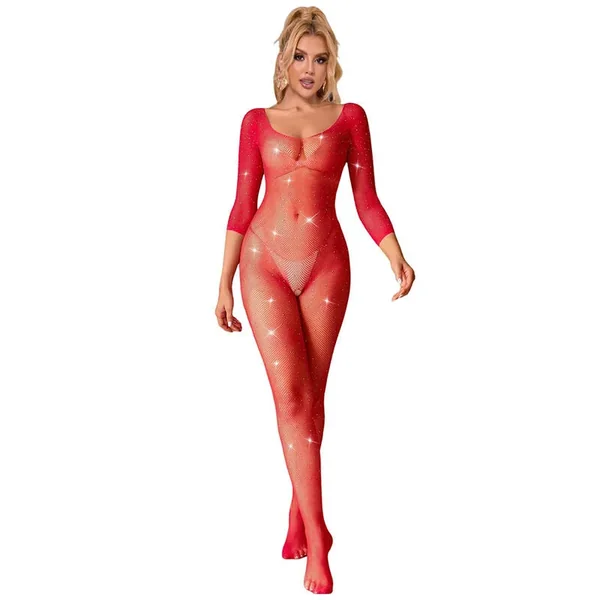SUBBLIME – 952419 FISHNET BODYSTOCKING WITH DIAMONDS LONG SLEEVE RED ONE SIZE