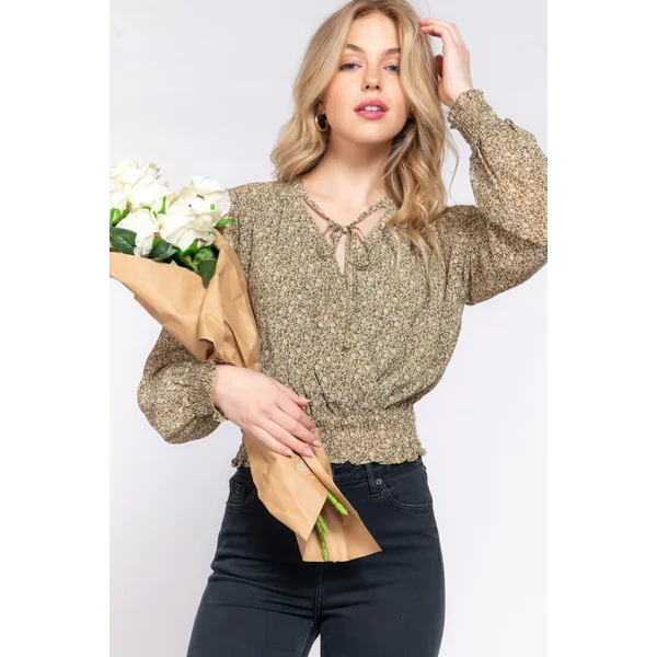 Surplice Smocked Print Chiffon Blouse