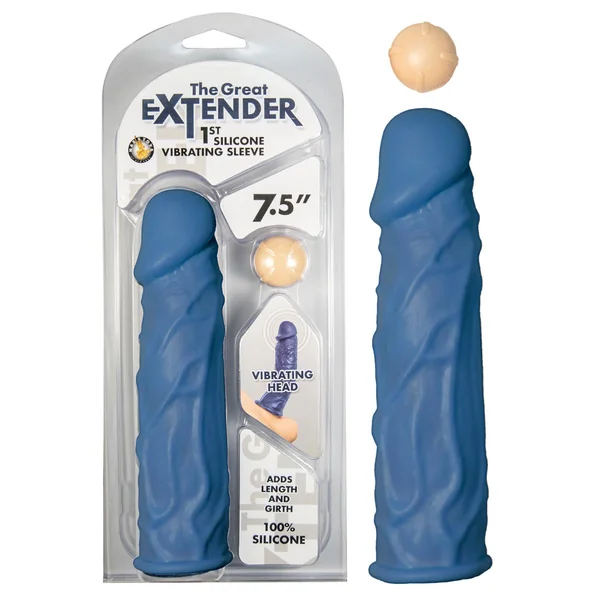 The Great Extender 1st Silicone Vibrating Sleeve 7.5in-Blue