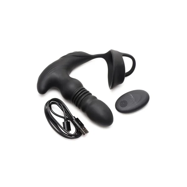 Thunder Plugs Rechargeable 10X Thrusting Silicone Vibrator with Cock andamp; Ball Strap – Black