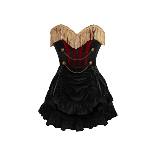Top Drawer 2 PC Burlesque Black & Dark Red Steel Boned Corset w/Gold Fringe & Skirt Set