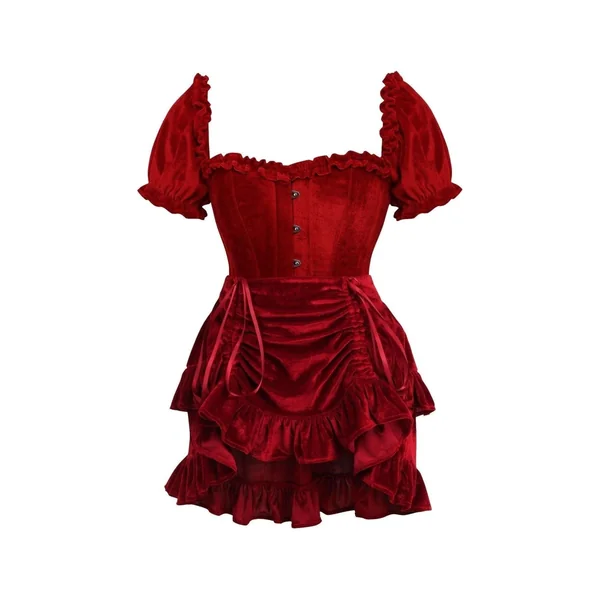 Top Drawer 2 PC Dark Red Velvet Steel Boned Corset w/sleeves & Skirt Set