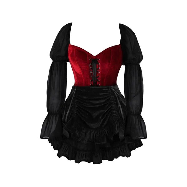 Top Drawer 2 PC Dark Red Velvet Steel Boned Corset w/Sleeves & Skirt Set