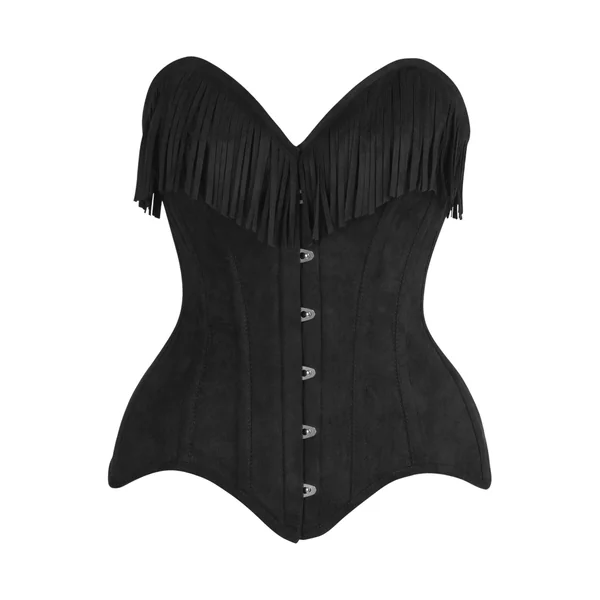 Top Drawer Black Suede Steel Boned Overbust Corset w/Fringe