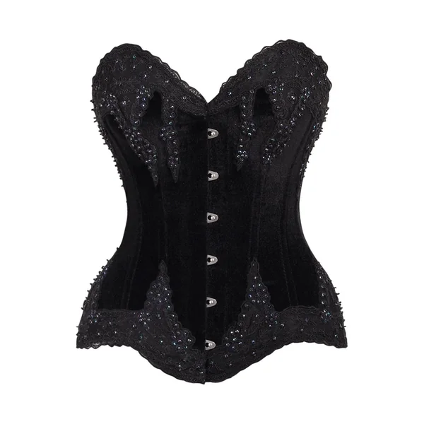Top Drawer Black Velvet & Beaded Steel Boned Overbust Corset