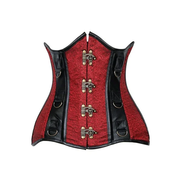 Top Drawer Wine Brocade & Faux Leather Steel Boned Under Bust Corset