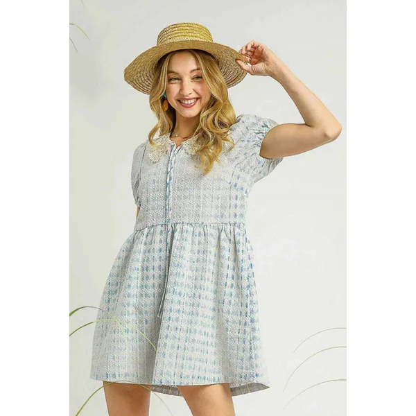 Umgee Lace Detail Short Puff Sleeve Mini Dress