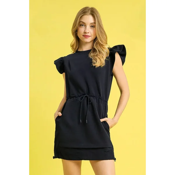 Umgee Luxe knit Ruffle Sleeve Drawstring Mini Dress