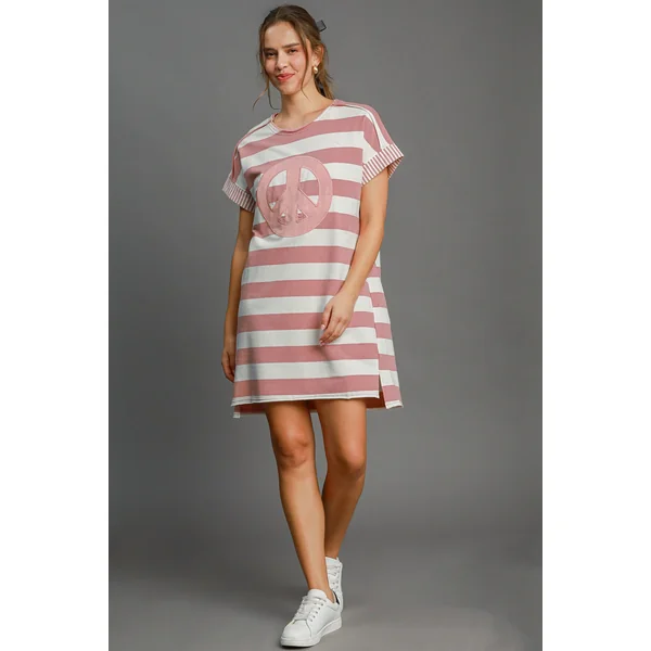 Umgee Peace Applique Striped Short Sleeve Mini Dress