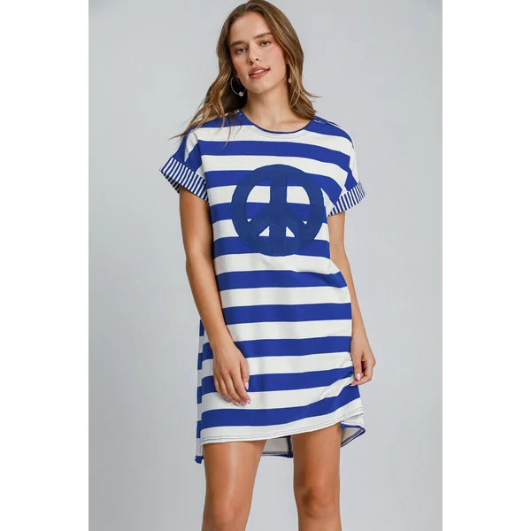Umgee Peace Applique Striped Short Sleeve Mini Dress