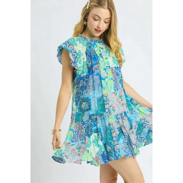 Umgee Printed Ruffle Cap Sleeve Mini Dress