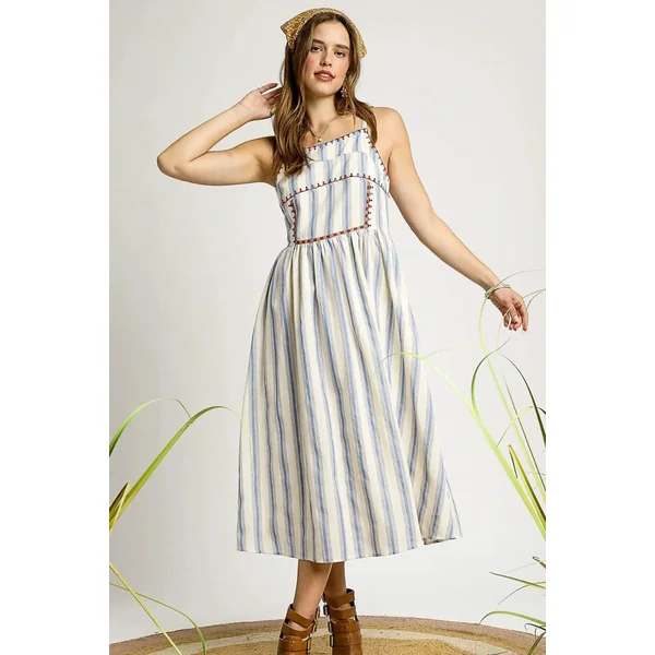Umgee Striped Colorful Embroidered Trim Cami Dress