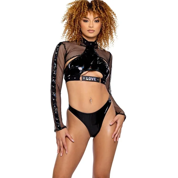 Unisex Fishnet Shrug with Vinyl & Stud Detail