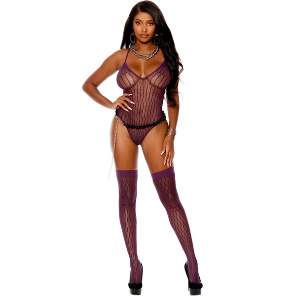 Vertical Striped Crochet Deep V Teddy with Matching Stockings