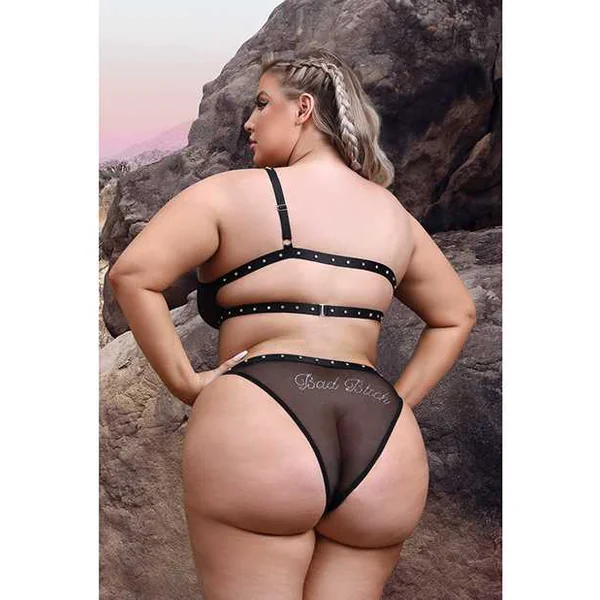 Vibes Bad Bitch One Shoulder Bling Bralette & Panty Black QN