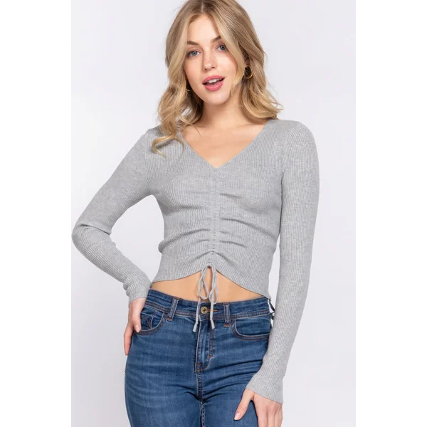 V-neck Shirring Tie Detail Sweater