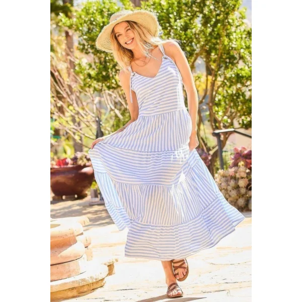 V-neck Tie Shoulder Strap Tier Stripe Print Maxi Oversize Dress