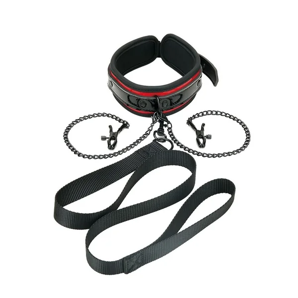 Whipsmart Heartbreakers Deluxe Collar, Nipple Clips, Leash Set – Black/Red