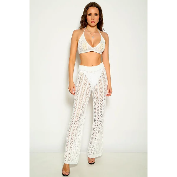 White Crochet Sleeveless Halter Two Piece Outfit