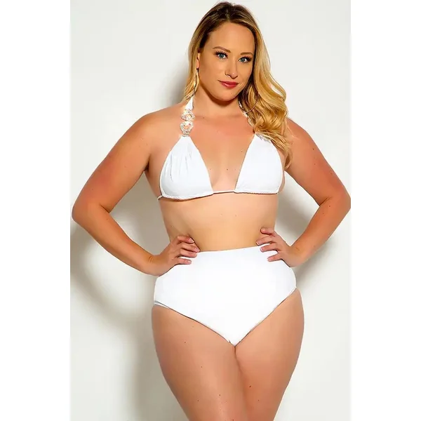 White Halter Rhinestone Detail High Waist Plus Size Two Piece Swimsuit