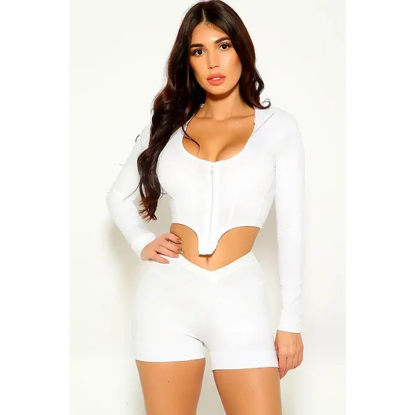 White Long Sleeve Front Zipper Two Piece Outfit