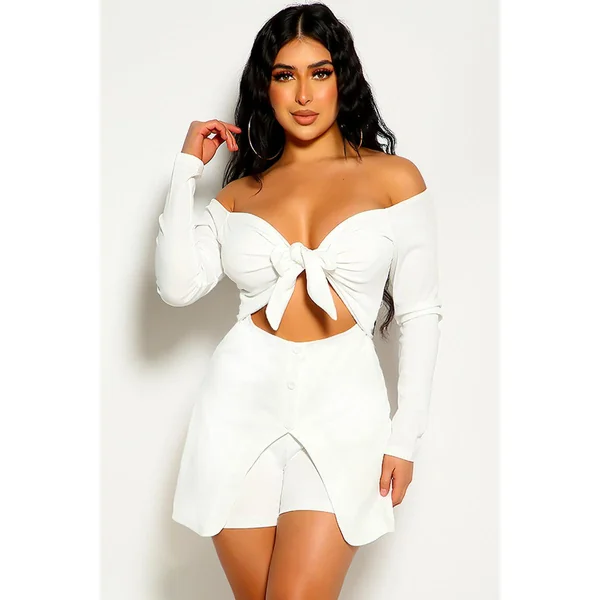White Long Sleeve Knot Detail Off The Shoulder Romper
