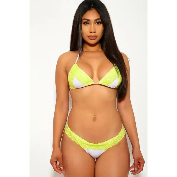 White Neon Lime Embroider Lace Two Piece Swimsuit