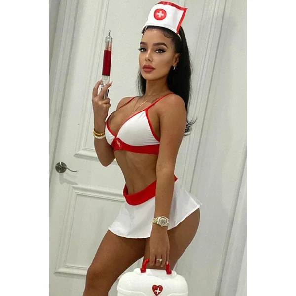 White Red Four Piece Nurse Costume