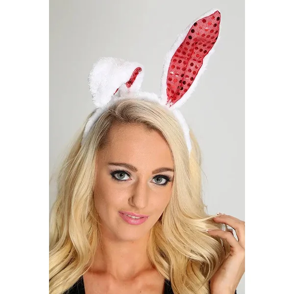 White Red Sequin Faux Fur Bunny Ears