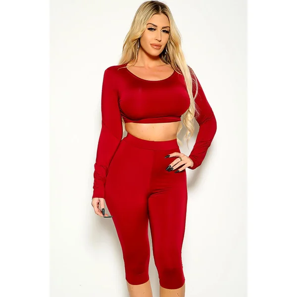 Wine Long Sleeve Crop Top Knee Length 2 Pc Set