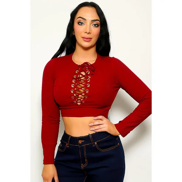 Wine Ribbed Long Sleeve Lace Up Crop Top