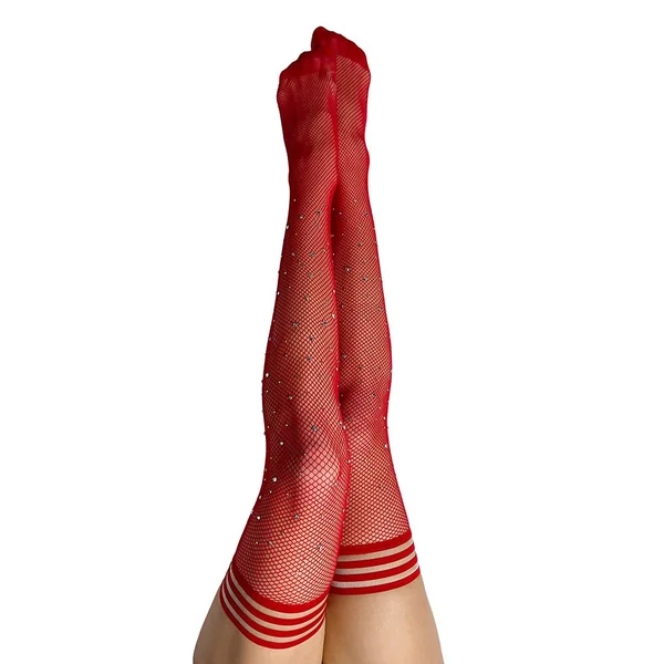 Women’s Lingerie: Kixies Red Fishnet Rhinestone Thigh High Size C