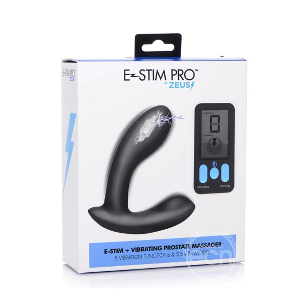 Zeus Vibrating & E-Stim Silicone Rechargeable Prostate Massager with Remote Control - Black